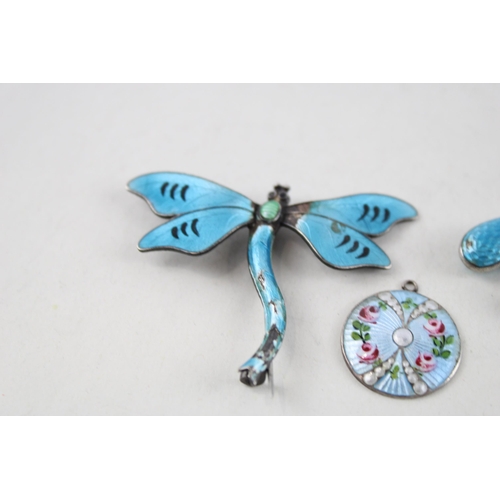 2051 - Four pieces of antique silver and enamel jewellery to include Charles Horner pendant - approx. gross... 