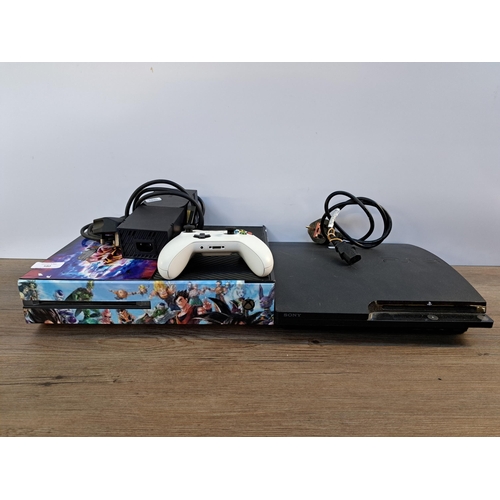 580 - Two consoles, one Sony PlayStation 3 slim and one Microsoft Xbox One with power supply and controlle... 