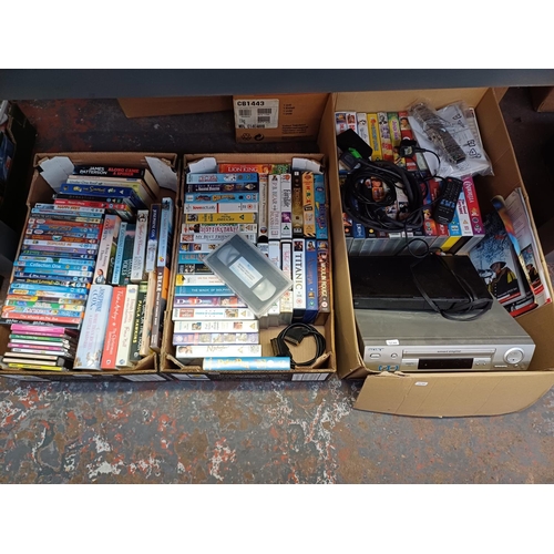 627 - Three boxes containing books, CDs, DVDs, VHS videos, Sony VHS VCR with remote control, Panasonic DVD... 