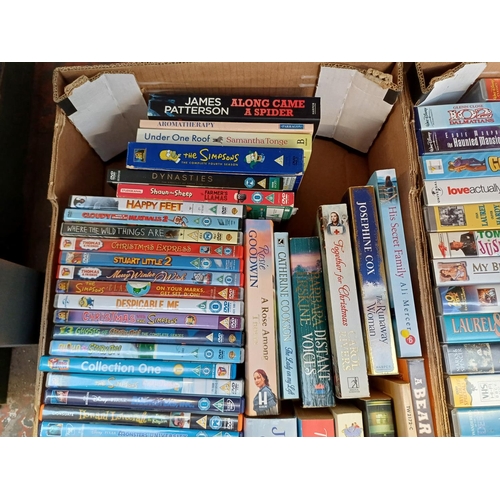 627 - Three boxes containing books, CDs, DVDs, VHS videos, Sony VHS VCR with remote control, Panasonic DVD... 