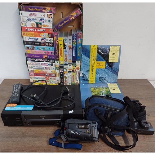 628 - A collection of items, Philips VR800 VHS VCR with remote control, cased Sony Hi8 camcorder, Olympus ... 