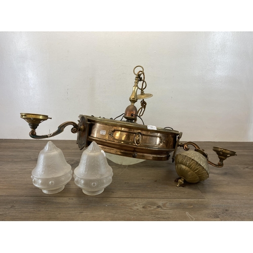 491 - An Arts and Crafts copper and brass three branch ceiling light with etched glass insert and frosted ... 