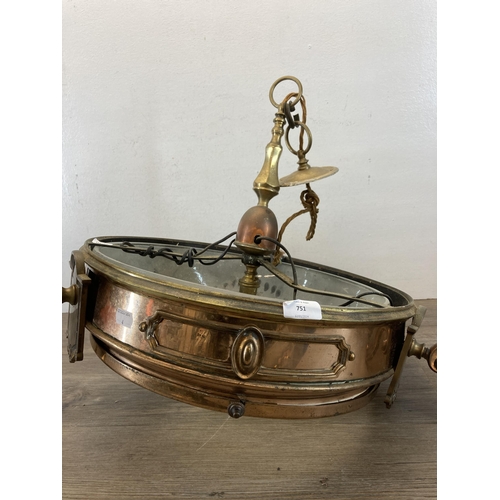 491 - An Arts and Crafts copper and brass three branch ceiling light with etched glass insert and frosted ... 