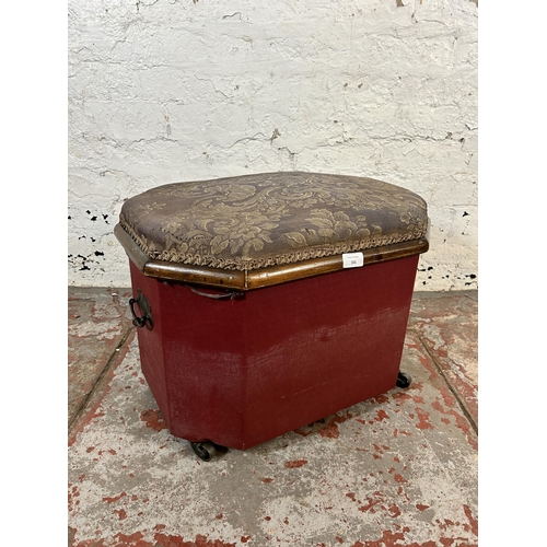 101 - An early/mid 20th century pine storage stool with floral fabric top and vinyl upholstery