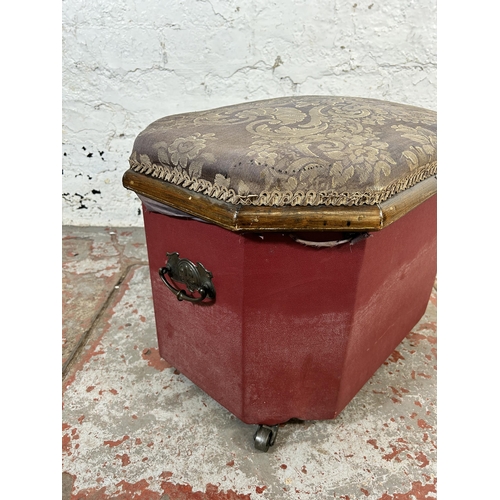 101 - An early/mid 20th century pine storage stool with floral fabric top and vinyl upholstery