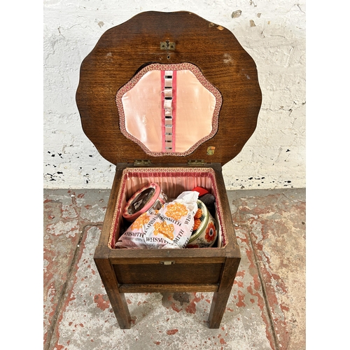 103 - A mid 20th century Morco oak piecrust edge sewing table - approx. 46cm high x 49cm wide x 49cm deep