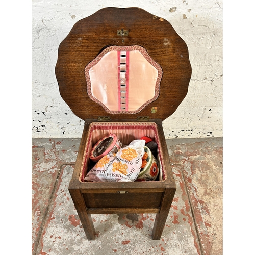 103 - A mid 20th century Morco oak piecrust edge sewing table - approx. 46cm high x 49cm wide x 49cm deep