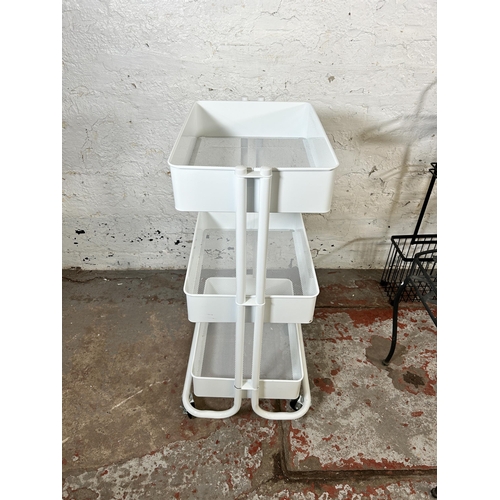 116 - Five pieces of metal furniture to include toilet roll holder, three tier vegetable rack etc.