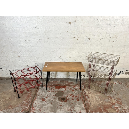 118 - Three pieces of mid 20th century furniture, one red and black wired metal bottle rack, one wired met... 