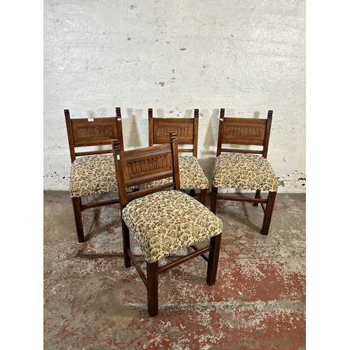 120 - Four carved oak and floral fabric upholstered dining chairs