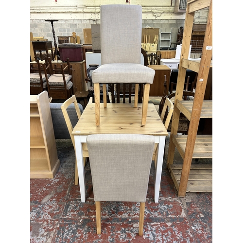 154 - An IKEA Lerhamn pine and white painted square dining table with four chairs, two Dunelm and two IKEA... 