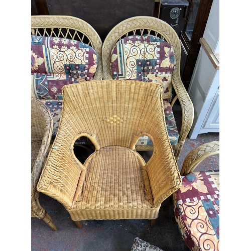 182 - Seven pieces of furniture, wicker and cane three piece conservatory suite, two wicker armchairs, wic... 