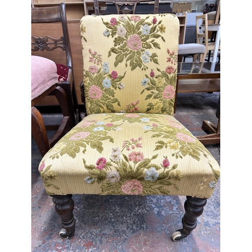 184 - Four pieces of antique mahogany and fabric upholstered furniture to include Victorian nursing chair ... 