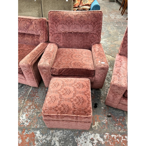 219 - A mid 20th century pink fabric upholstered four piece lounge suite comprising three seater sofa, two... 