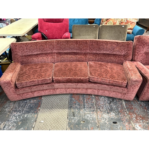 219 - A mid 20th century pink fabric upholstered four piece lounge suite comprising three seater sofa, two... 