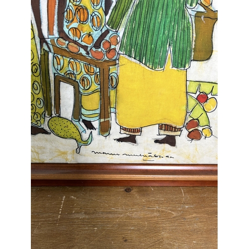 232 - A 20th century framed Batik signed lower right - approx. 78cm high x 197cm wide