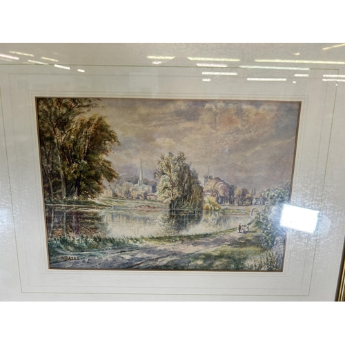 235 - A framed W. Bates watercolour of a lake and town scene - approx. 46cm high x 56cm wide