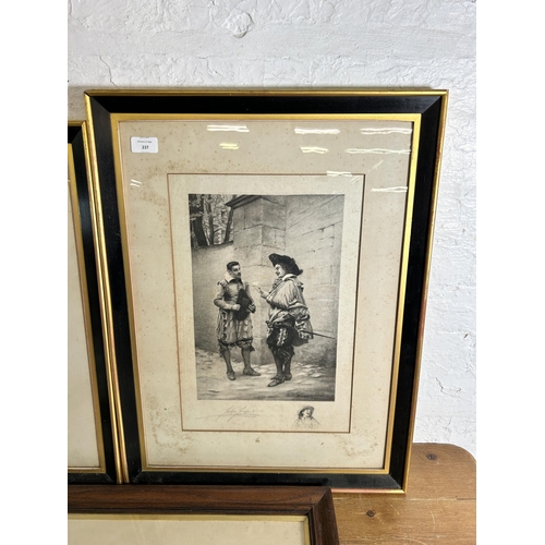 237 - Five framed engravings to include Here They Come Derby Day, To Be or Not To Be etc.