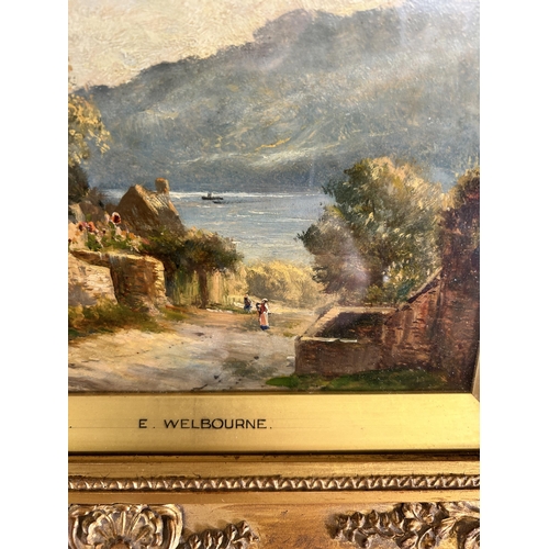 240 - A late 19th/early 20th century gilt framed oil painting by E. Welbourne - approx. 31cm high x 42cm w... 