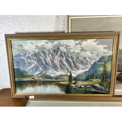 243 - Three framed landscape scene oil paintings - largest approx. 68cm high x 134cm wide