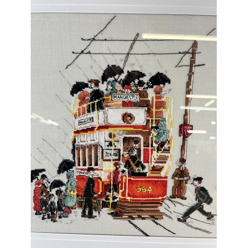 250 - A framed Manchester Tram embroidery - approx. 44high x 52cm wide