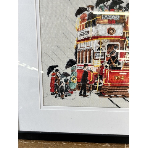 250 - A framed Manchester Tram embroidery - approx. 44high x 52cm wide