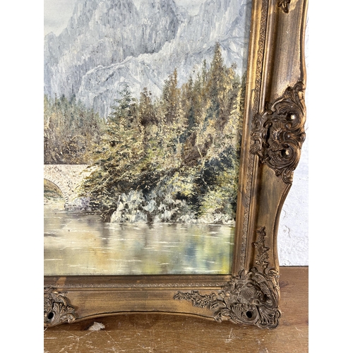 270 - A gilt framed oil on board of a bridge and mountain scene, signed Geraldine and dated 1982 - approx.... 