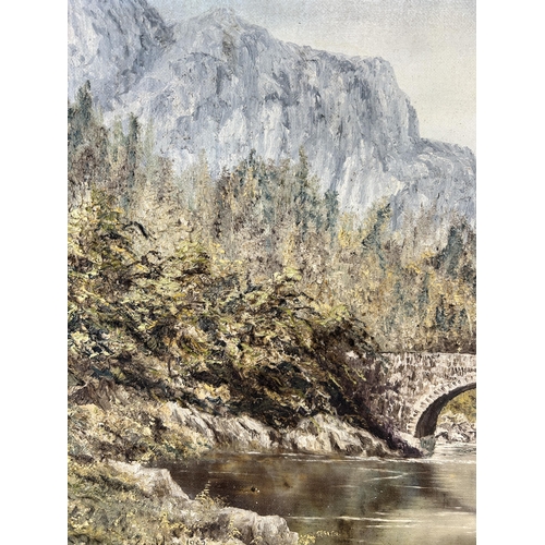 270 - A gilt framed oil on board of a bridge and mountain scene, signed Geraldine and dated 1982 - approx.... 