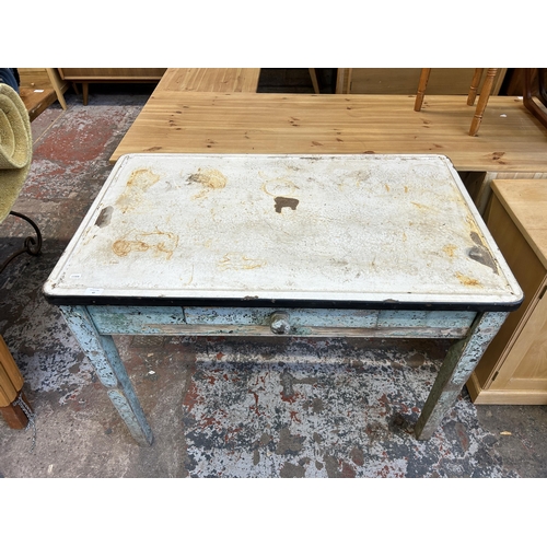 47 - A Victorian painted pine rectangular farmhouse kitchen table with later added enamel top - approx. 7... 