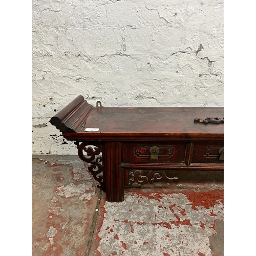 48 - A Chinese carved and stained elm altar table - approx. 30cm high x 96cm wide x 26cm deep