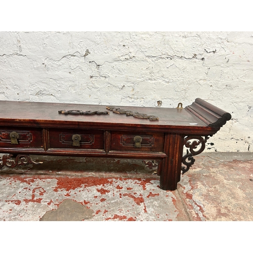 48 - A Chinese carved and stained elm altar table - approx. 30cm high x 96cm wide x 26cm deep