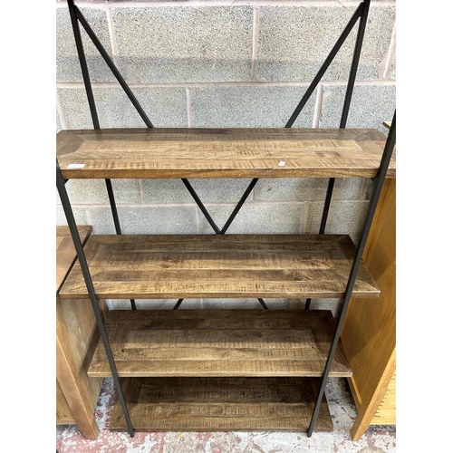 7 - A mango wood and black metal five tier shelving unit - approx. 170cm high x 100cm wide x 32cm deep