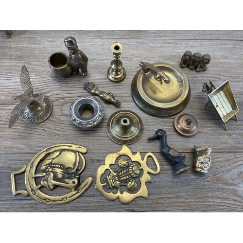 374 - A collection of metalware to include vintage brass handled pedestal bowl, brass greyhound figurine, ... 