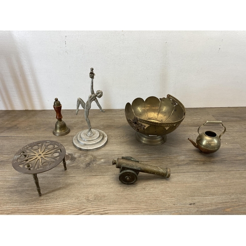 374 - A collection of metalware to include vintage brass handled pedestal bowl, brass greyhound figurine, ... 