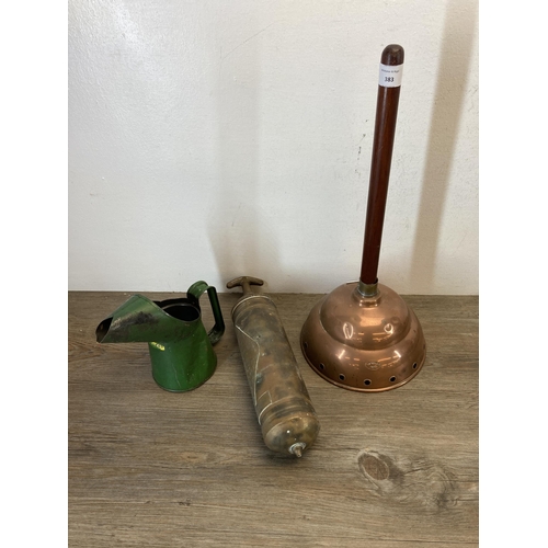 383 - A collection of metalware and vintage hand tools to include early 20th century brass Supreme fire ex... 