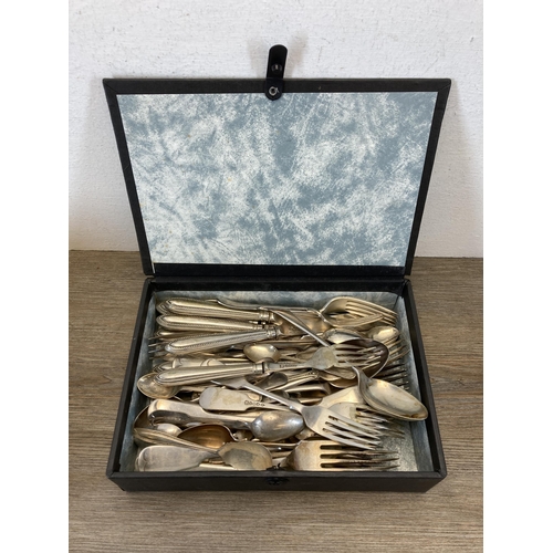 386 - A collection of antique and later cutlery to include six place fish knife and fork set, white metal ... 