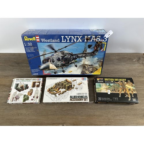 406 - Four model making kits, Revell Westland Lynx Has.3, Warlord Games British Infantry, Tamiya Military ... 