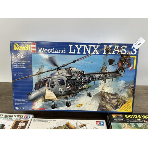 406 - Four model making kits, Revell Westland Lynx Has.3, Warlord Games British Infantry, Tamiya Military ... 