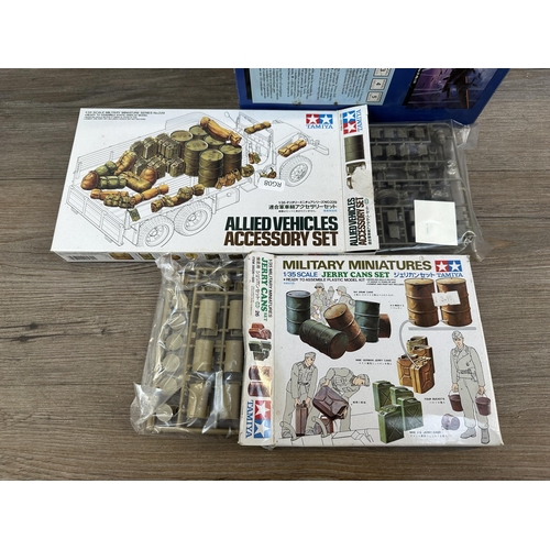 406 - Four model making kits, Revell Westland Lynx Has.3, Warlord Games British Infantry, Tamiya Military ... 