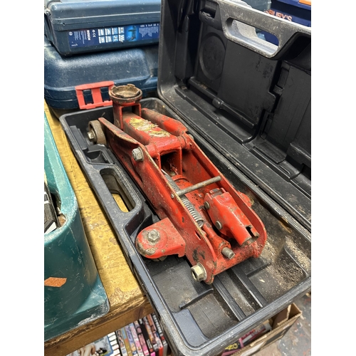 782 - Five items, one cased GS hydraulic trolley jack, one cased tile cutter, one Bosch 1198.7 110v hammer... 