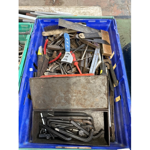 783 - Four boxes containing tools to include spanners, hammers, set squares etc.