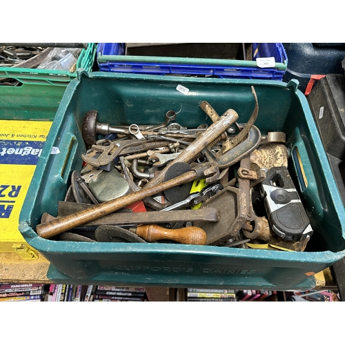 783 - Four boxes containing tools to include spanners, hammers, set squares etc.