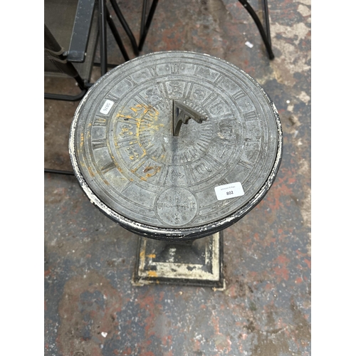 802 - A cast metal sun dial on pedestal base - approx. 94cm high x 32cm diameter