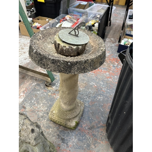 807 - Five garden accessories, one cast stone circular pedestal bird bath - approx. 63cm high x 38cm diame... 