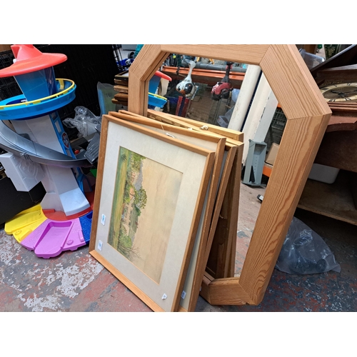 818 - A large collection of house clearance items to include mahogany framed bevelled edge wall mirror, tw... 