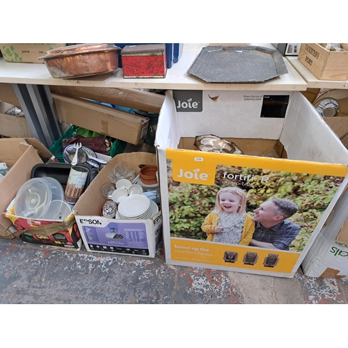 844 - Eight boxes containing kitchenware, wicker ware, Lovatts green glazed vase, cutlery, ceramic etc.