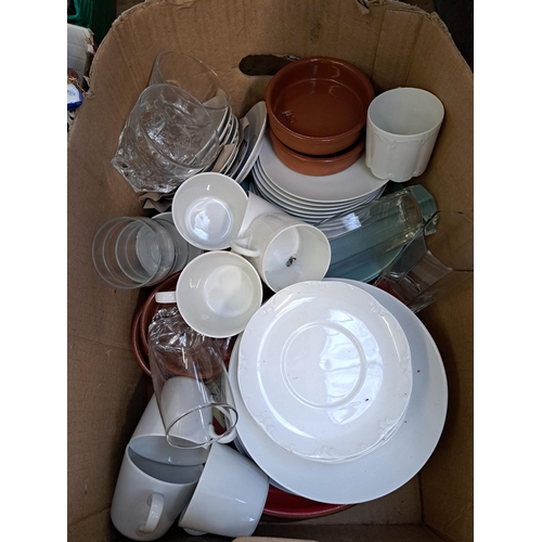 844 - Eight boxes containing kitchenware, wicker ware, Lovatts green glazed vase, cutlery, ceramic etc.