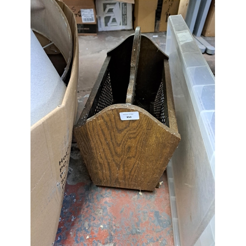 850 - Five boxes containing oak and rattan magazine rack, bamboo bread bin, cutlery etc.