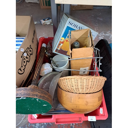 855 - Two boxes containing carved wooden fruit bowl, glassware etc.