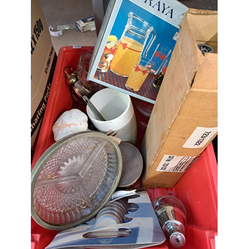 855 - Two boxes containing carved wooden fruit bowl, glassware etc.